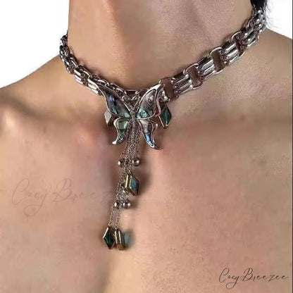 Sweet Cool Heavy Punk Butterfly Tassel Necklace BLUE