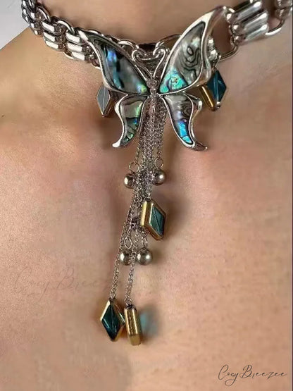 Sweet Cool Heavy Punk Butterfly Tassel Necklace BLUE