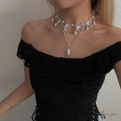 Sweet Cool Hollow Butterfly Zircon Water Drop Necklace SILVER