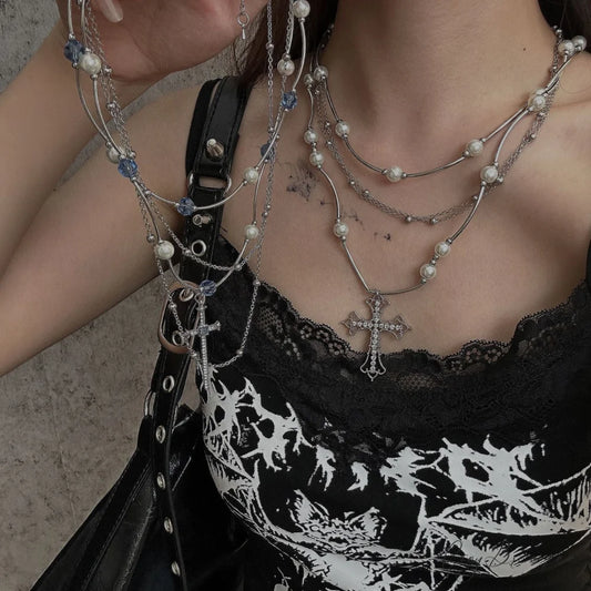 Sweet Cool Layered Cross Pearl Necklace SILVER