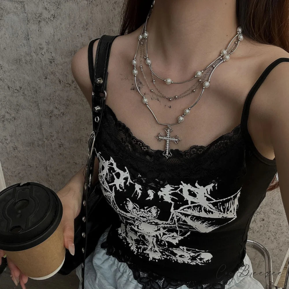 Sweet Cool Layered Cross Pearl Necklace SILVER
