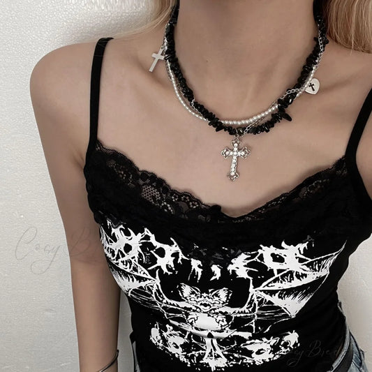 Sweet Cool Multi-layered Heart Cross Necklace BLACK