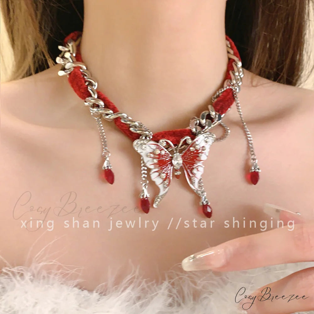 Sweet Cool Red Velvet Butterfly Tassel Gothic Exaggerated Personality Necklace RED