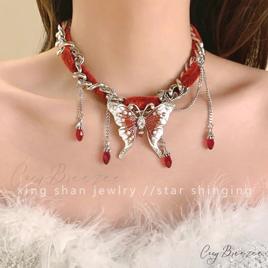 Sweet Cool Red Velvet Butterfly Tassel Gothic Exaggerated Personality Necklace RED
