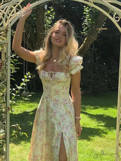 Sweet Fairy Short Sleeve Midi Floral High Waist Boho Dress
