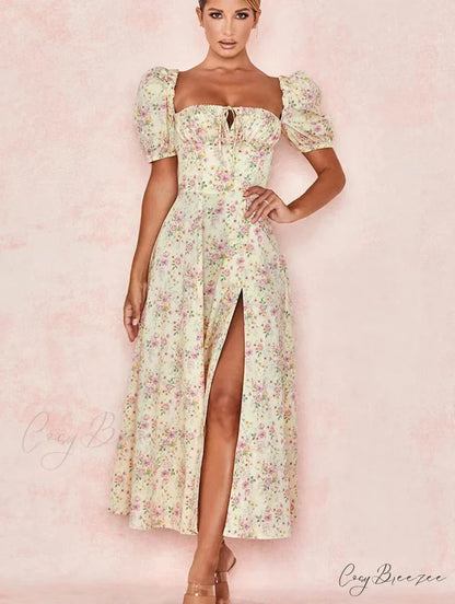 Sweet Fairy Short Sleeve Midi Floral High Waist Boho Dress