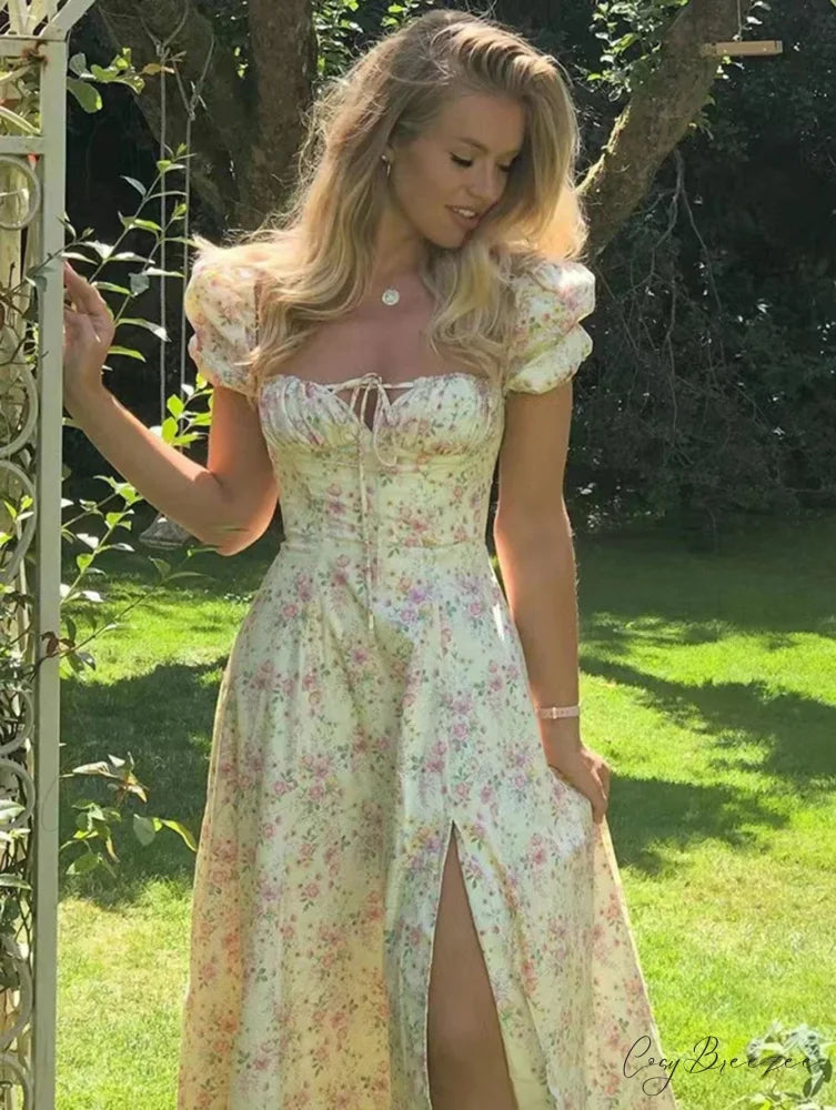 Sweet Fairy Short Sleeve Midi Floral High Waist Boho Dress