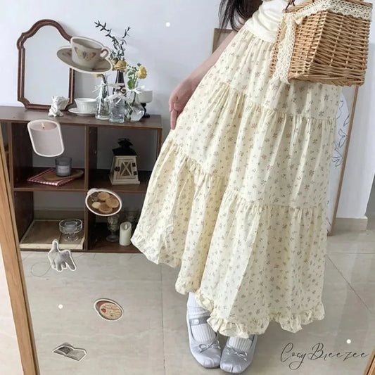 Sweet Floral Fungus A-line Skirt Women High Waist Ruched Cake Skirt APRICOT / S skirt-250126