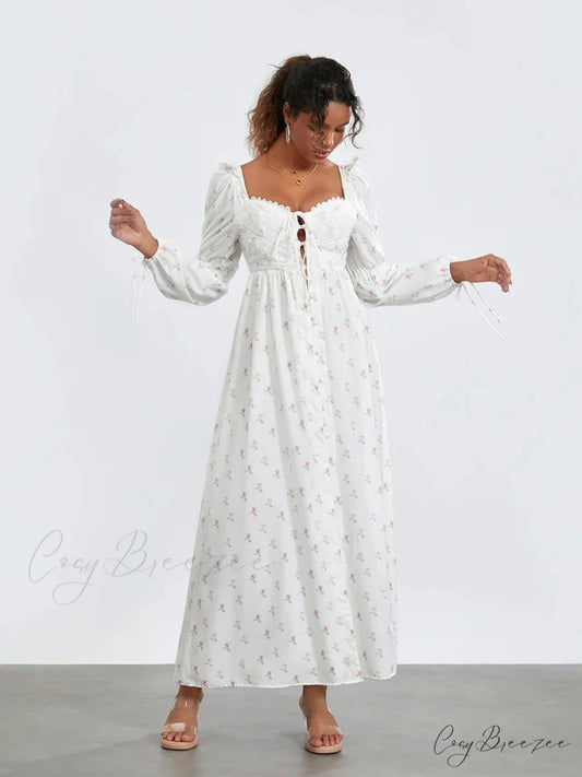 Sweet Floral Print Puff Sleeve High Split Dress floraldress-250126