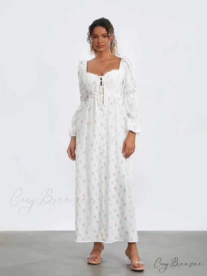 Sweet Floral Print Puff Sleeve High Split Dress floraldress-250126