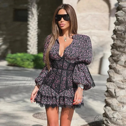 Sweet Fresh Print Waist Short Lace Dress floraldress-250126