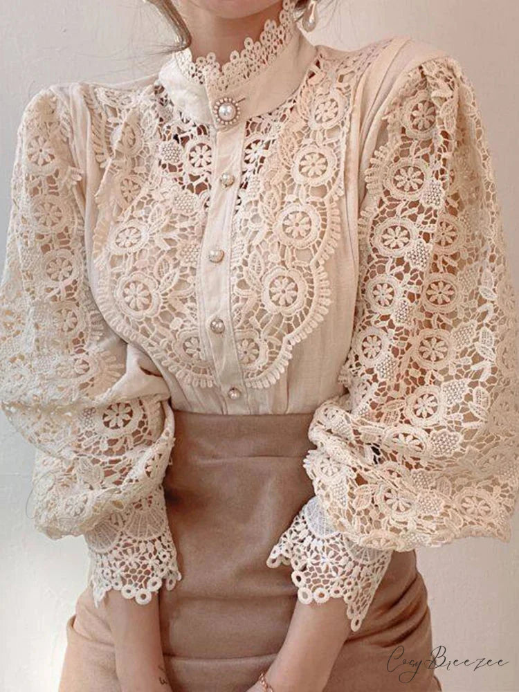 Sweet Hollow Lace Patchwork Button White Crop Top APRICOT / S blouse-250126