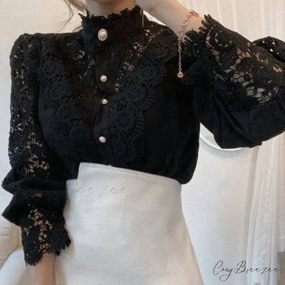 Sweet Hollow Lace Patchwork Button White Crop Top Black / S blouse-250126