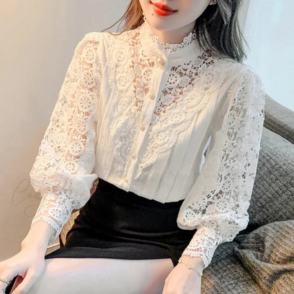 Sweet Hollow Lace Patchwork Button White Crop Top blouse-250126