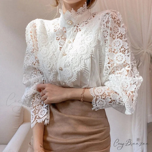 Sweet Hollow Lace Patchwork Button White Crop Top blouse-250126