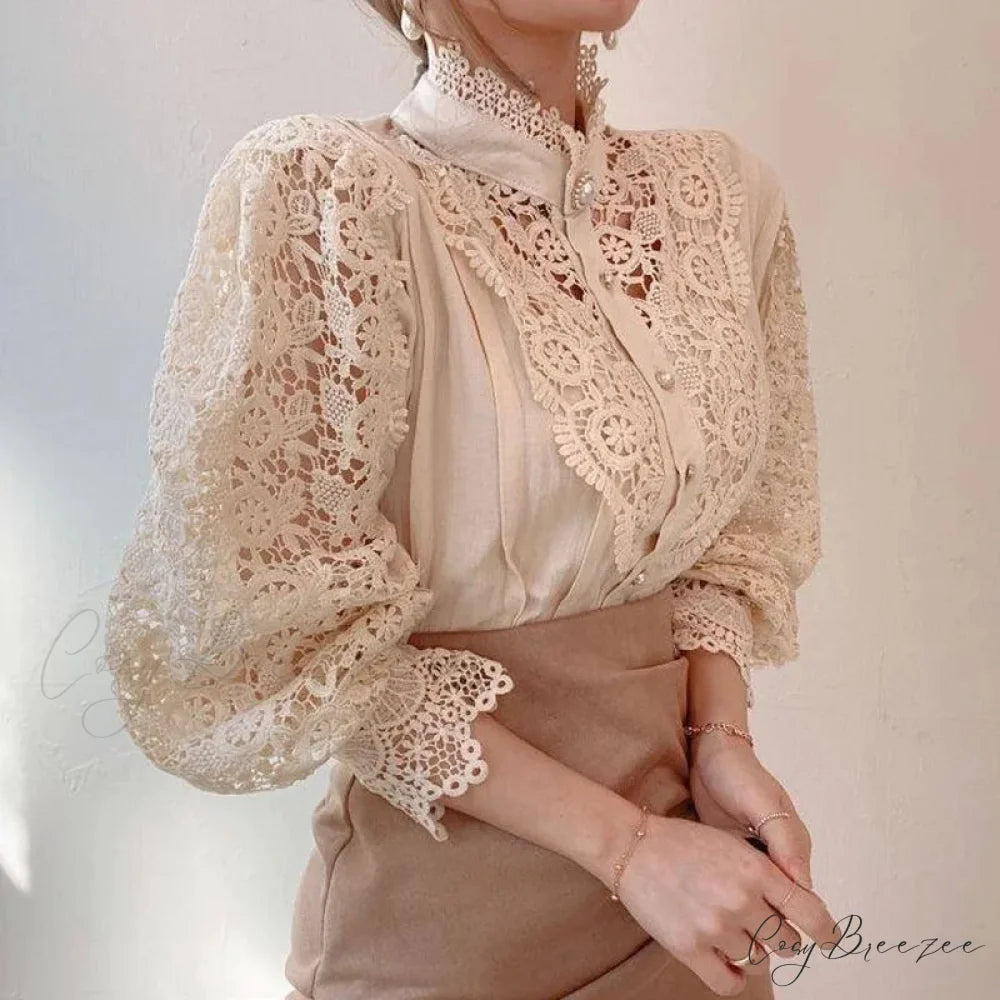 Sweet Hollow Lace Patchwork Button White Crop Top blouse-250126