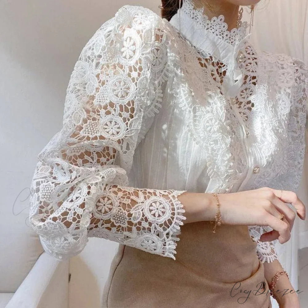Sweet Hollow Lace Patchwork Button White Crop Top WHITE / S blouse-250126