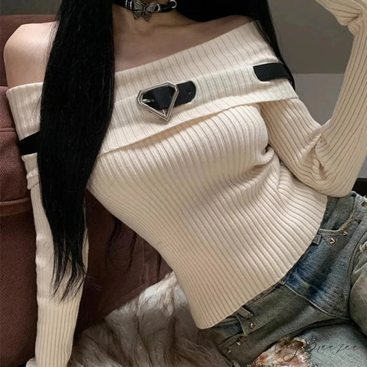 Sweet Off Shoulder Ribbed Crop Long Sleeve Slim Fit Knit Top knittop-250126