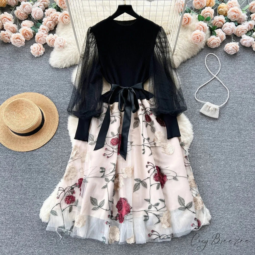 Sweet Patchwork Long Lantern Sleeves Bow Mesh Embroidery Floral High Waist A-Line Elegant Party Dress Beige / One Size