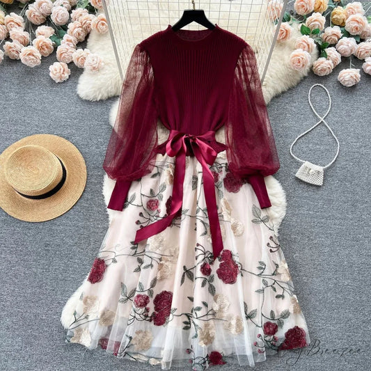 Sweet Patchwork Long Lantern Sleeves Bow Mesh Embroidery Floral High Waist A-Line Elegant Party Dress Hot Pink / One