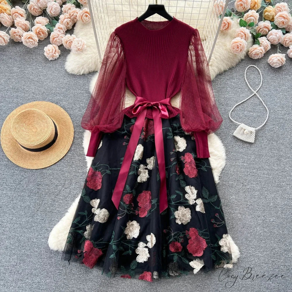 Sweet Patchwork Long Lantern Sleeves Bow Mesh Embroidery Floral High Waist A-Line Elegant Party Dress Watermelon Red