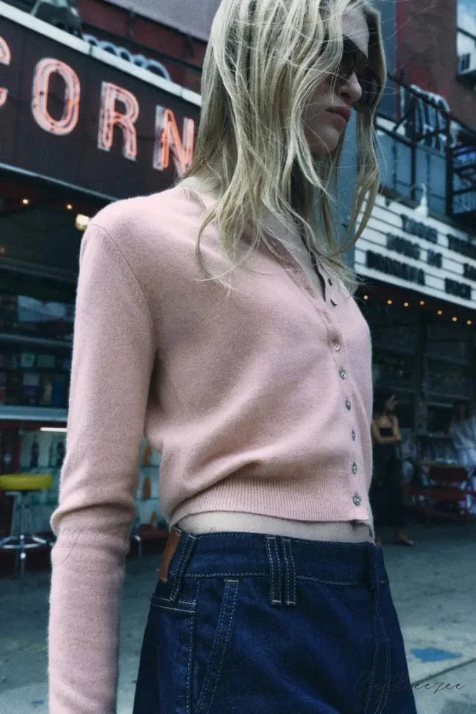 Sweet Pink Round Neck Short Cardigan Pink / S cardigans-241228