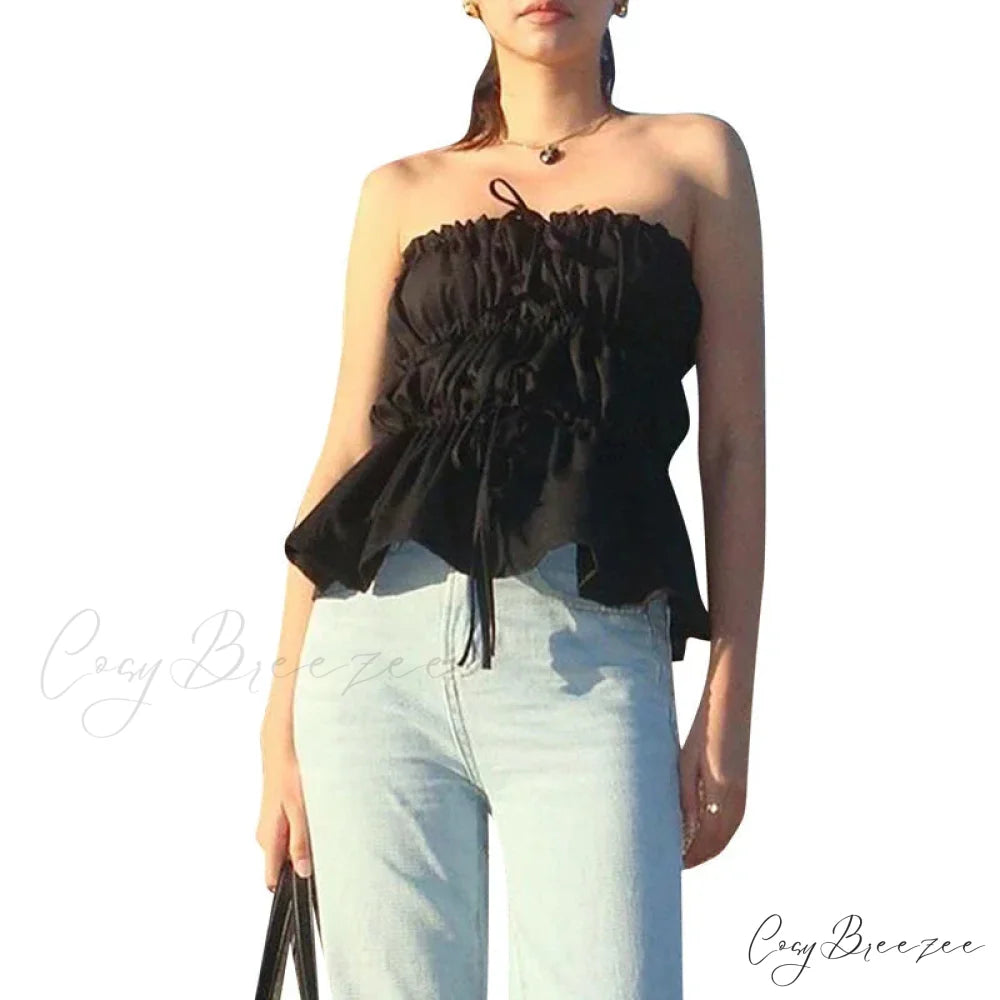 Sweet Ruched Tie Up Off Shoulder Sleeveless Slim Fit Y2K Strapless Crop Top croptop-250126