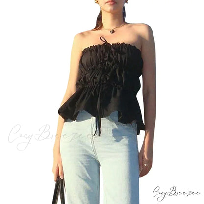 Sweet Ruched Tie Up Off Shoulder Sleeveless Slim Fit Y2K Strapless Crop Top croptop-250126