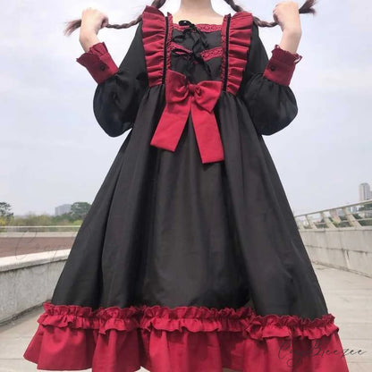 Sweet Ruffles Harajuku Lolita Gown Women Kawaii Gothic Cosplay Splice Party Bandage Bow Dress