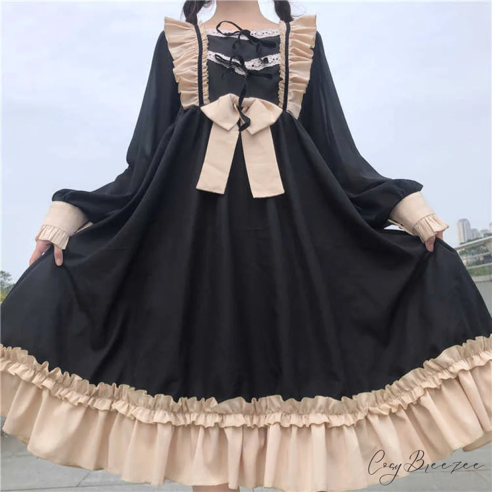 Sweet Ruffles Harajuku Lolita Gown Women Kawaii Gothic Cosplay Splice Party Bandage Bow Dress