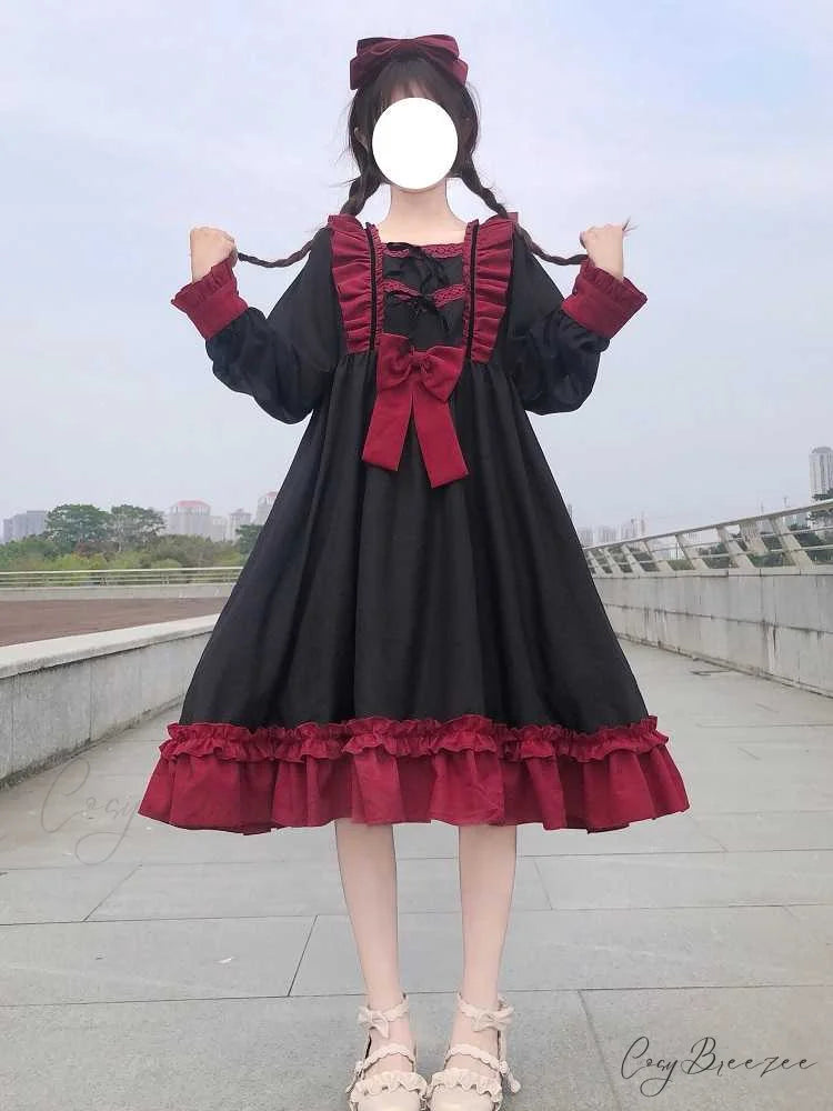 Sweet Ruffles Harajuku Lolita Gown Women Kawaii Gothic Cosplay Splice Party Bandage Bow Dress
