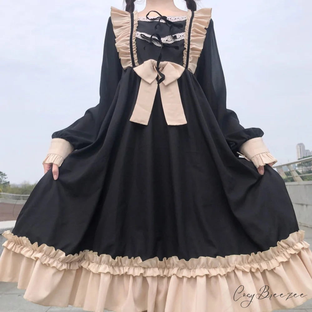 Sweet Ruffles Harajuku Lolita Gown Women Kawaii Gothic Cosplay Splice Party Bandage Bow Dress Khaki / One Size