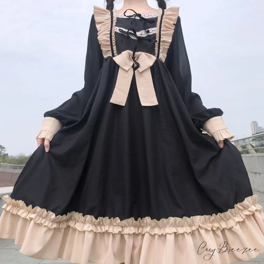 Sweet Ruffles Harajuku Lolita Gown Women Kawaii Gothic Cosplay Splice Party Bandage Bow Dress Khaki / One Size