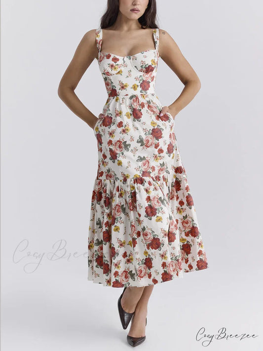 Sweet Spicy Style Charming Floral Backless Midi Dresses Deep Red / S