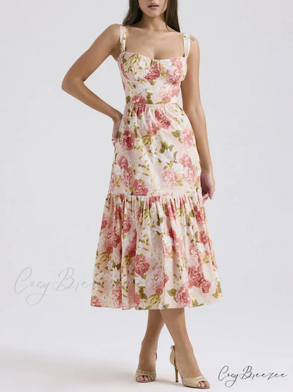 Sweet Spicy Style Charming Floral Backless Midi Dresses Pink / S
