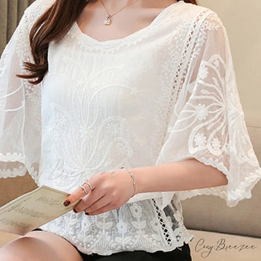 Sweet Spring Lace Fashion and Women’s Warm-Season Out Hollow 2024 White Blouse Top