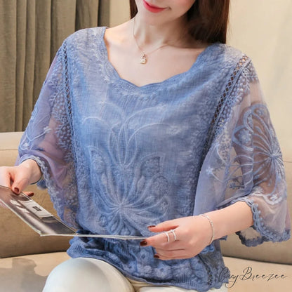 Sweet Spring Lace Fashion and Women’s Warm-Season Out Hollow 2024 White Blouse Top Blue / S