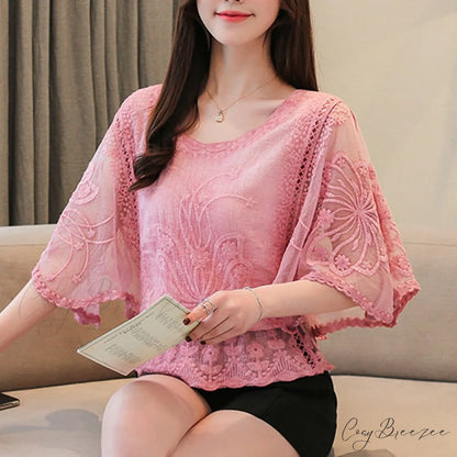 Sweet Spring Lace Fashion and Women’s Warm-Season Out Hollow 2024 White Blouse Top Pink / S
