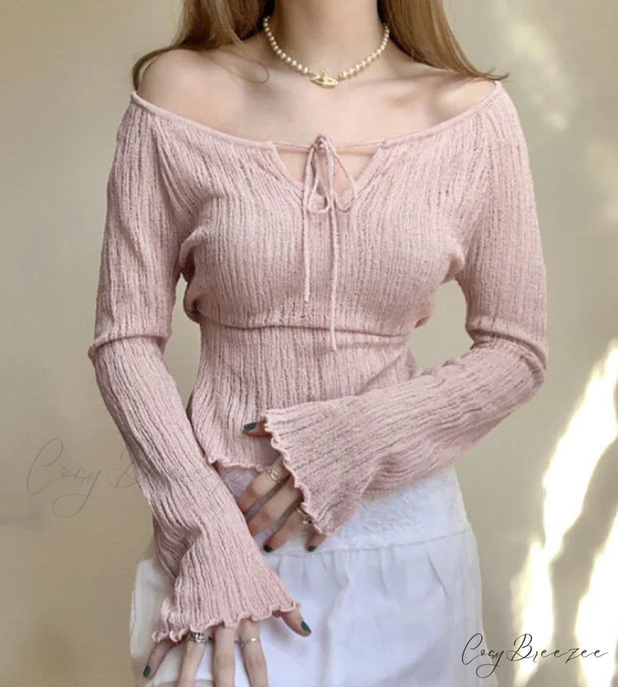 sweet the lace-up Off shoulder V-neck fungus-trimmed long-sleeved Top Pink / S