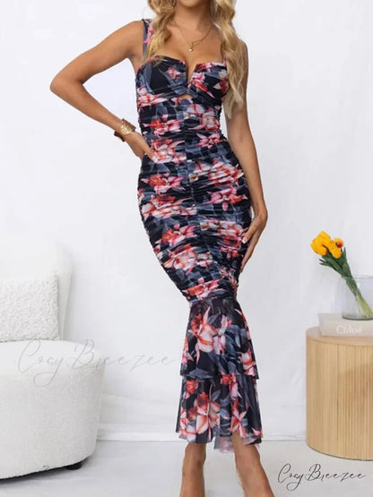 Sweetheart Neck Strap Printed Graceful Pleated Mesh Maxi Dress Black / S