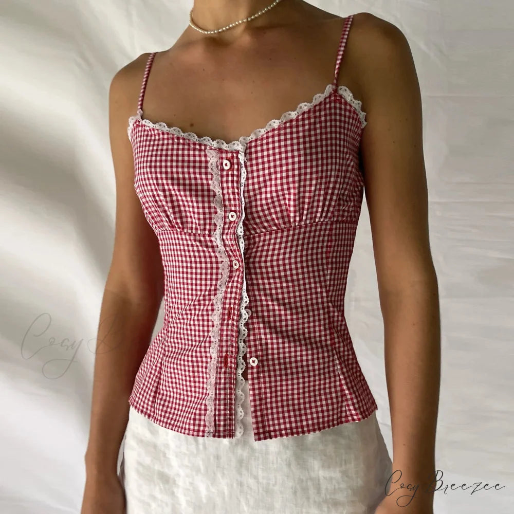 Sweetheart Plaid Button Crop Top croptop-250223