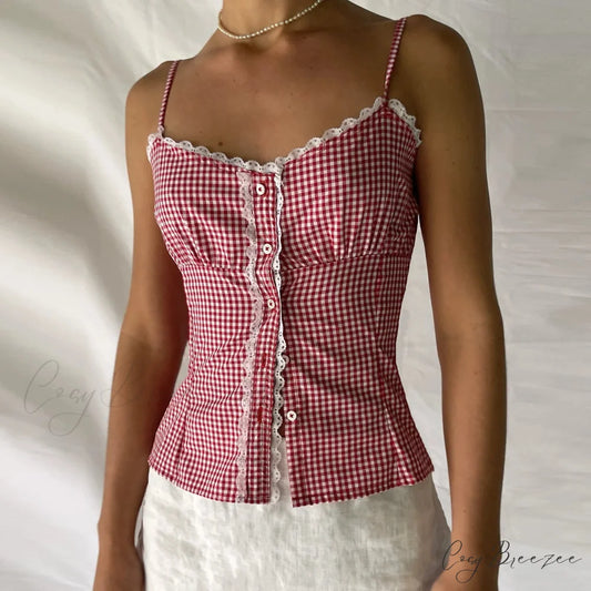 Sweetheart Plaid Button Crop Top croptop-250223