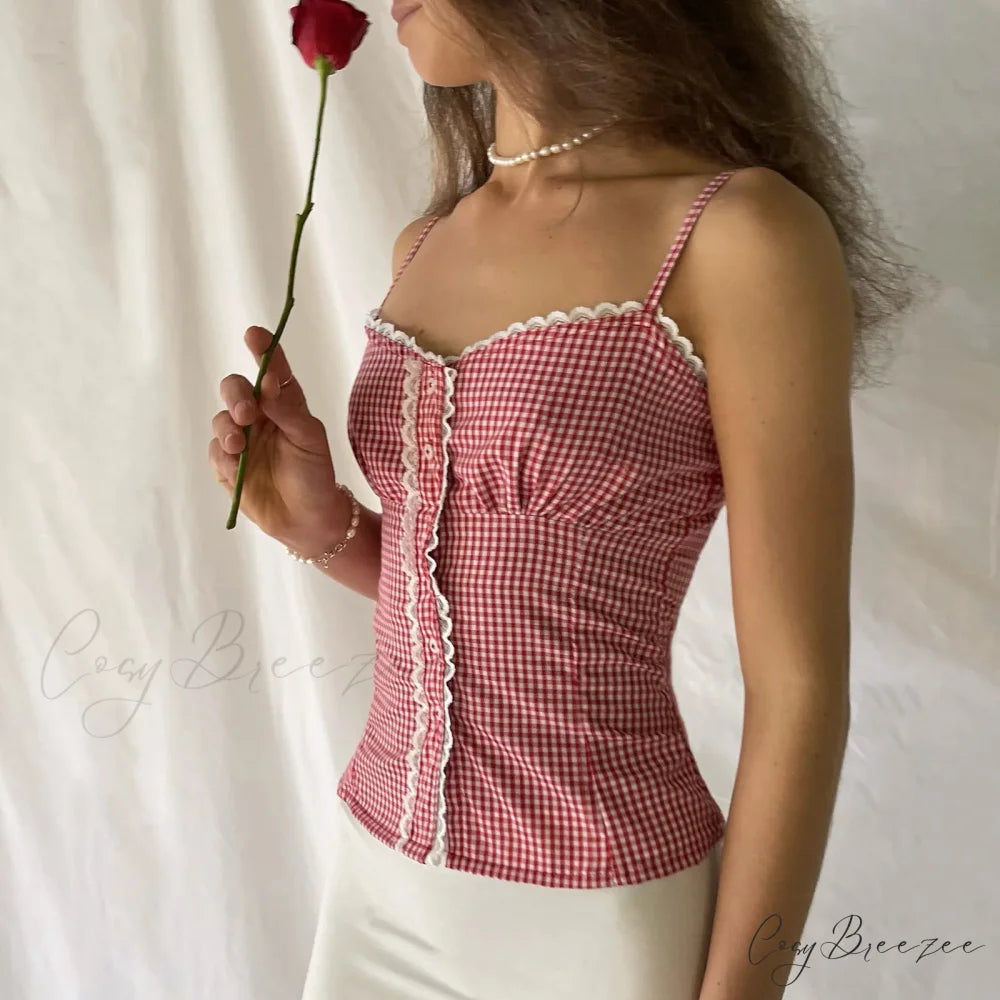 Sweetheart Plaid Button Crop Top croptop-250223