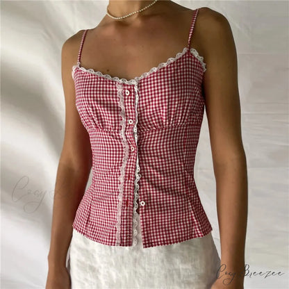Sweetheart Plaid Button Crop Top Red / S croptop-250223