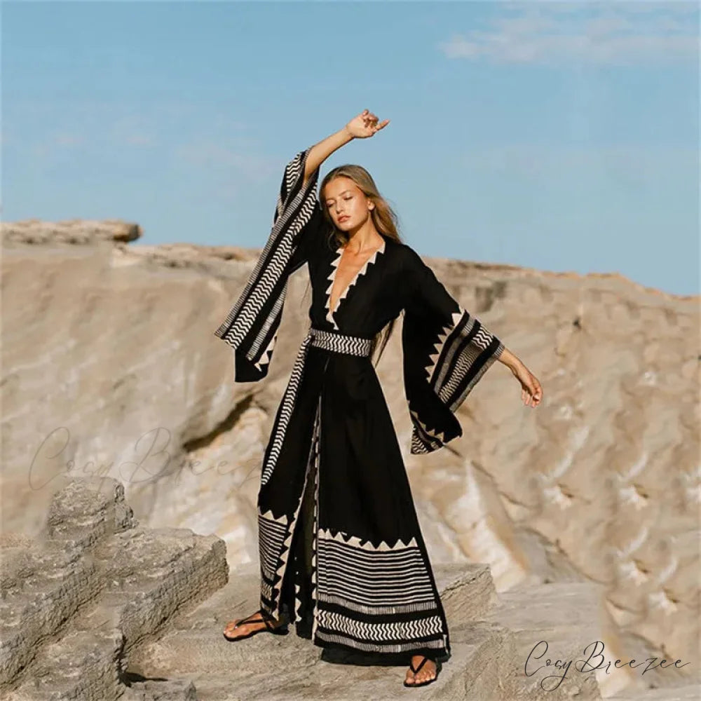 Swimwear Cover-Up Boho Dress Black / One Size bohodress-250126