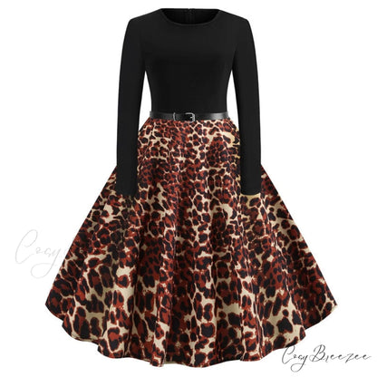 Swing 50S Gown Black Vintage 60S Plus Pinup Winter Arm Women Christmas Party Long Size Print