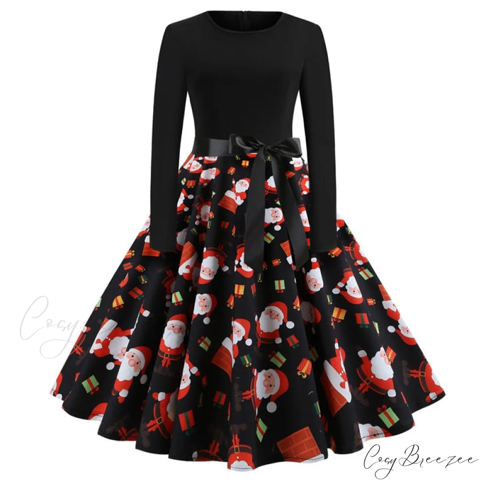 Swing 50S Gown Black Vintage 60S Plus Pinup Winter Arm Women Christmas Party Long Size Print