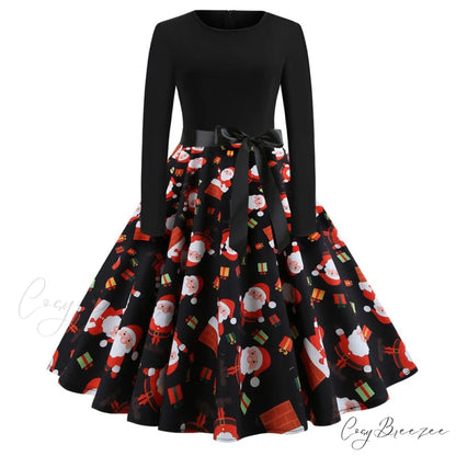 Swing 50S Gown Black Vintage 60S Plus Pinup Winter Arm Women Christmas Party Long Size Print