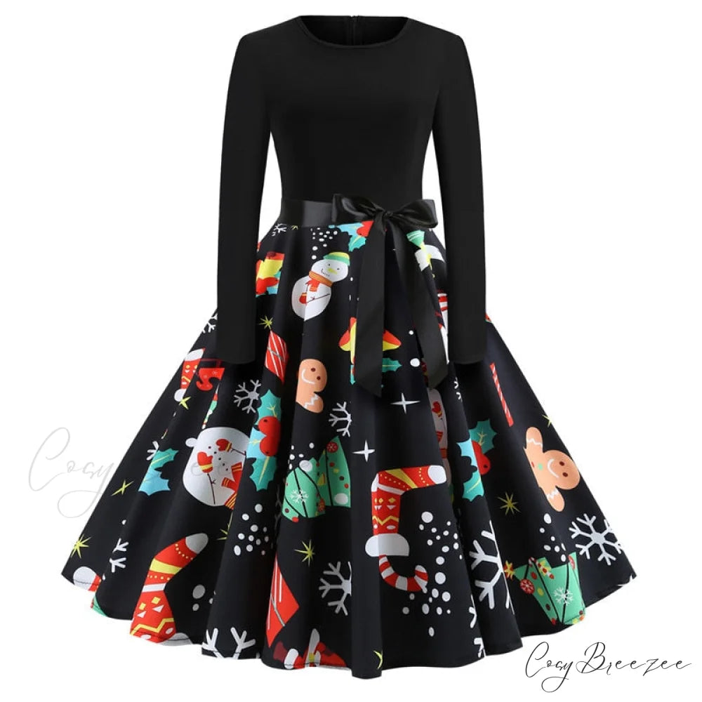 Swing 50S Gown Black Vintage 60S Plus Pinup Winter Arm Women Christmas Party Long Size Print
