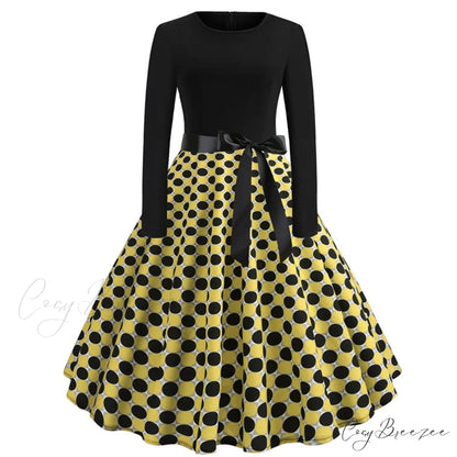 Swing 50S Gown Black Vintage 60S Plus Pinup Winter Arm Women Christmas Party Long Size Print A003 / S